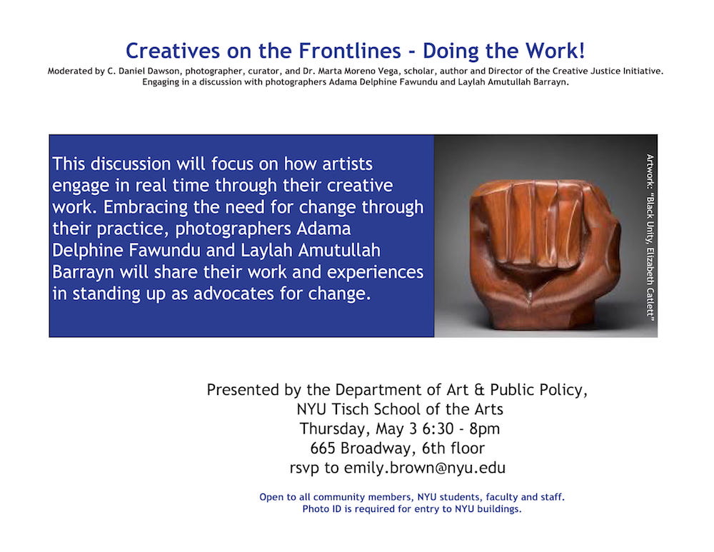 Event flyer with title in blue, event description in blue box mid page and photo of sculpture fist aligned to the right